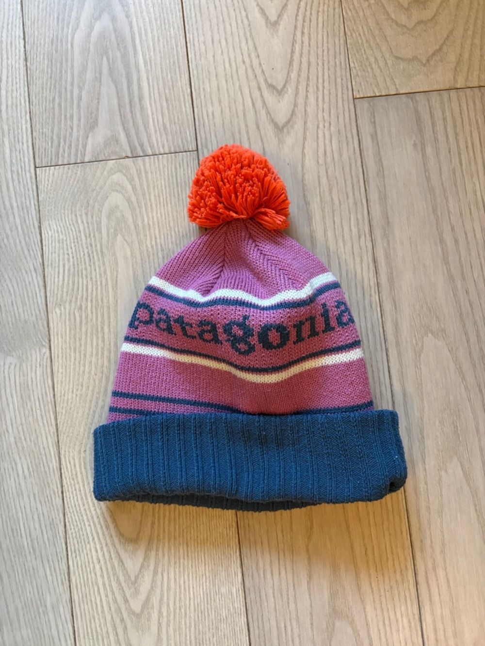 Patagonia Pink, Navy & Orange Pom Knit Beanie